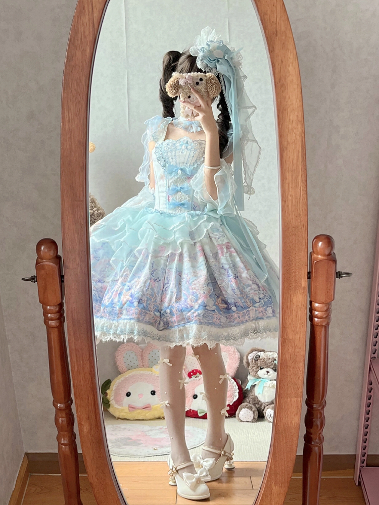 Blue Pearl Marine Print Lace Trimmed Sweet Lolita Jumper Skirt - PG Lullaby