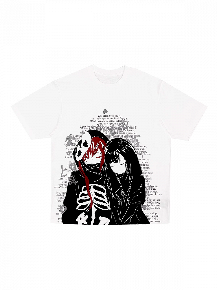 White Punk Couple Cotton Anime T-shirt Bittersweet Print Emo