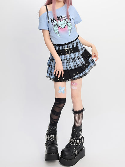 ウィングスプリント Y2K ライトブルー アシンメトリーネックライン ハート＆Tシャツ