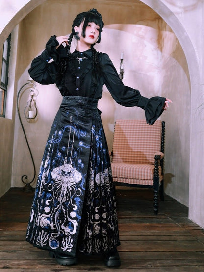 Luxury Silver Thread Brocade Mamian Skirt Featuring Blue Tears Jellyfish Marine Motif - Quirky Hut