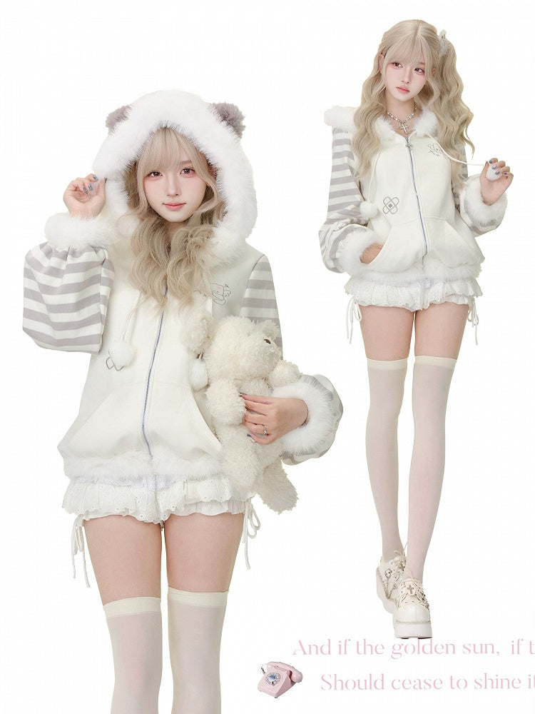 Otaku Embroidery White Hooded Jacket Moe - Gray Kitten
