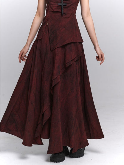 Red Ankle-Length  Gothic Splatter Skirt with Distressed