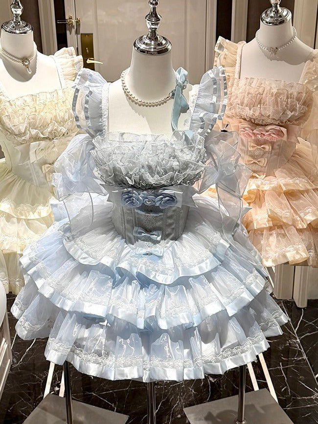 Basque Waist Lolita Jumper Dress with Bow Details - Diamond Honey