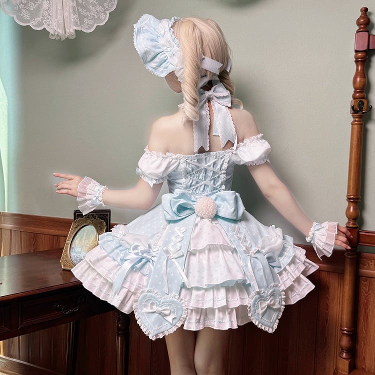 Dot Blue Lolita Neck Old Halter School Sleeves Versatile Dress Polka with Puff