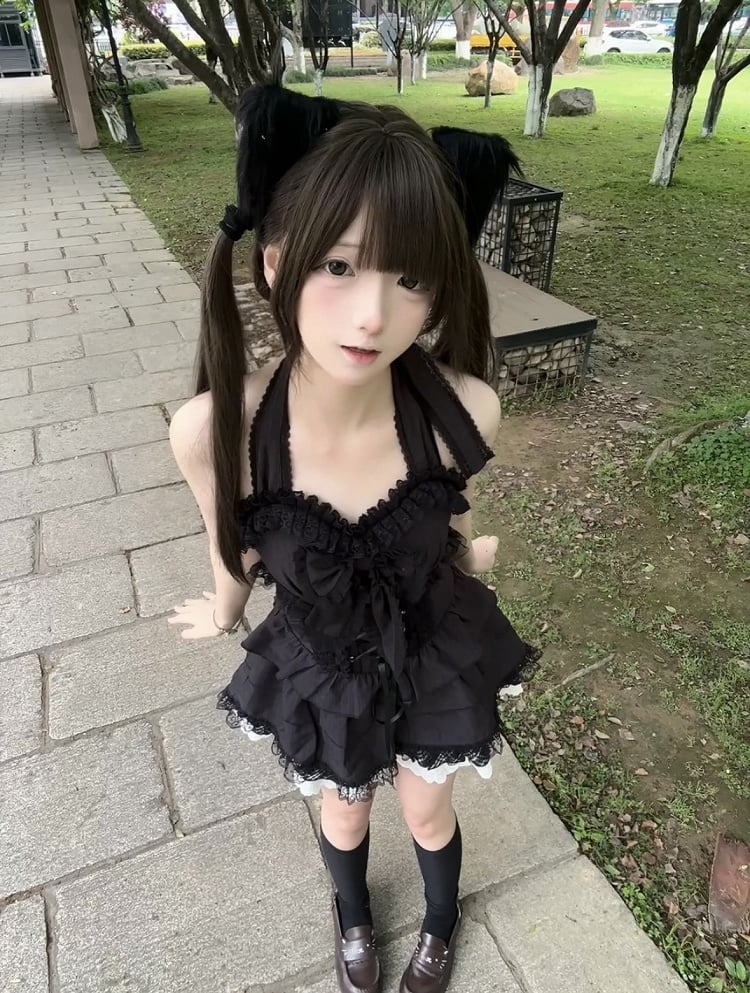 Dress Lace Black Hem - Plaid Dark Multi-Layer Neck Halter Doll Front and Lace-Up