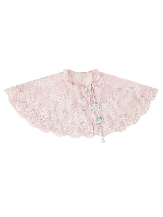 Han Lolita Embroidered Lace Cape with Tassel Accent - Yimu Walnut