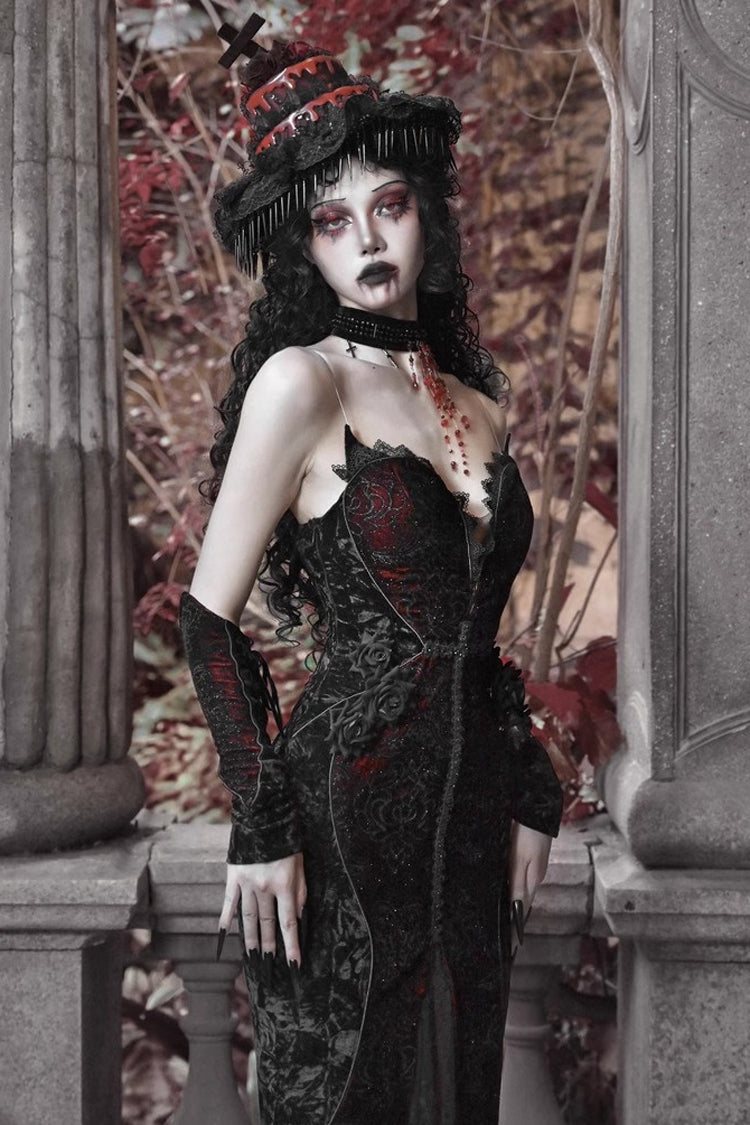 Black and Red Sleeveless High-Waisted Ruffle Lace Gothic Fishtail Dress