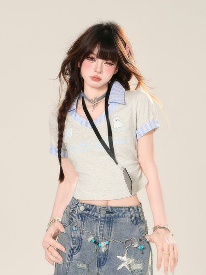 Glamorous Two-pieces Tag Style Faux Cropped T-Shirt with Name Grey Preppy Free Badge