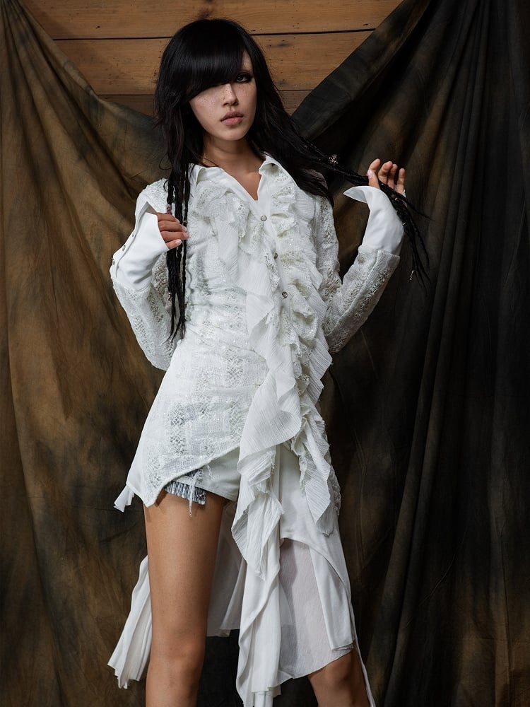 Punk - Button Shirt Asymmetrical Cuffs White Design Gothic