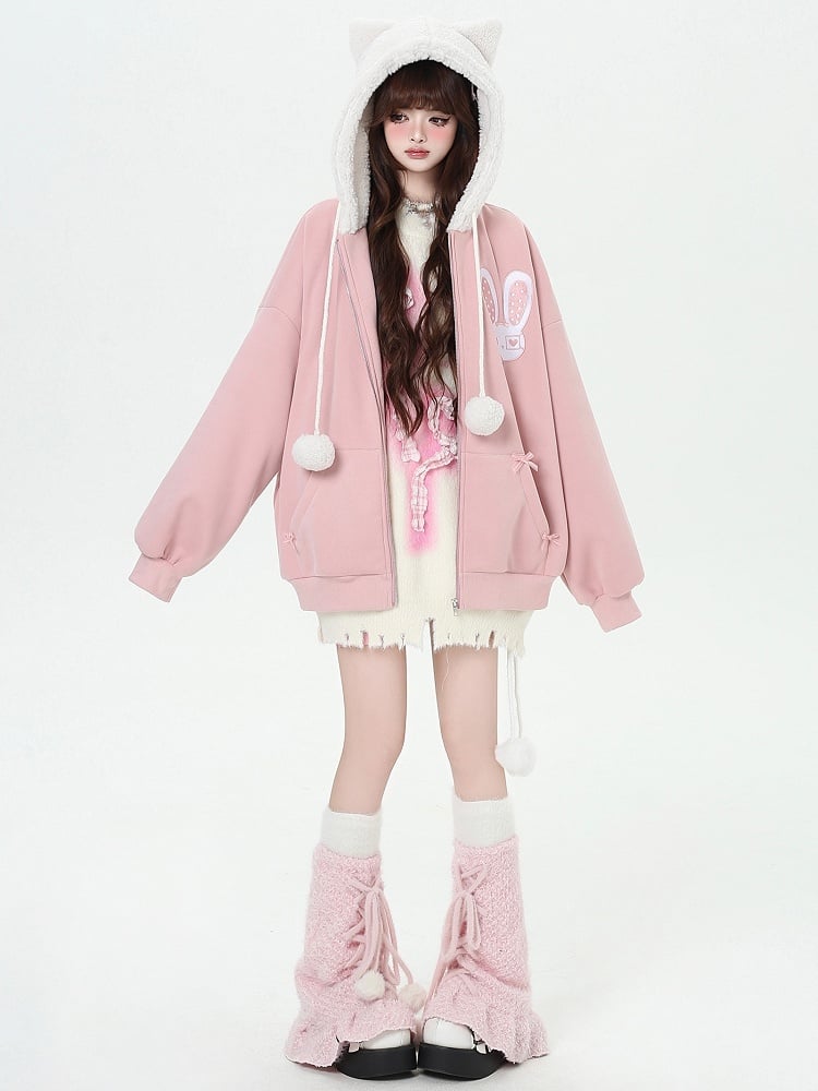 Schwarz/Rosa Kapuzenjacke mit Hasen-Katzenohren-Design