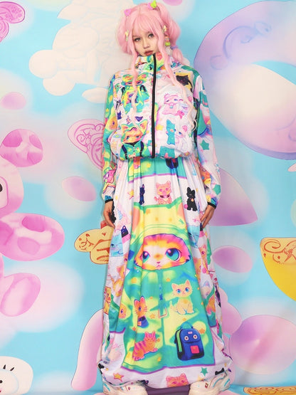 Y2K Hoodie Green Jacket Print Sun Cat Protection