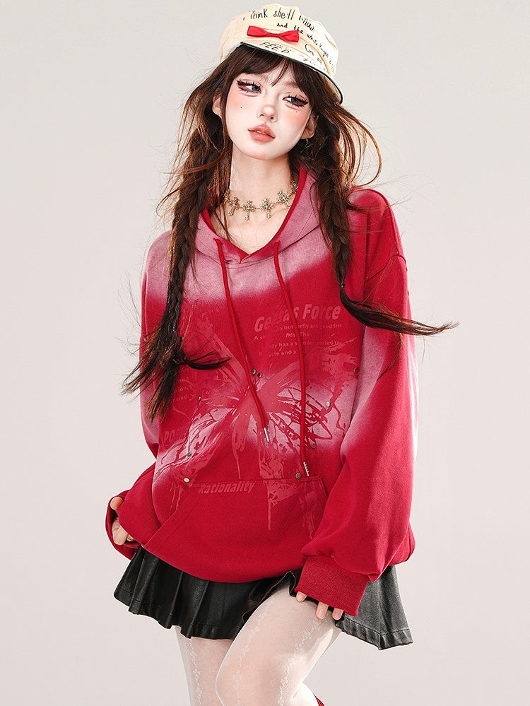 Black/Red Butterfly Tie Dye Loose Hoodie
