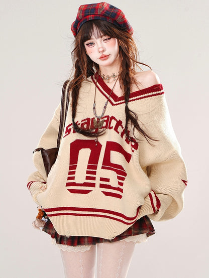 Apricot Numbers Preppy Style V-neck Loose Sweater