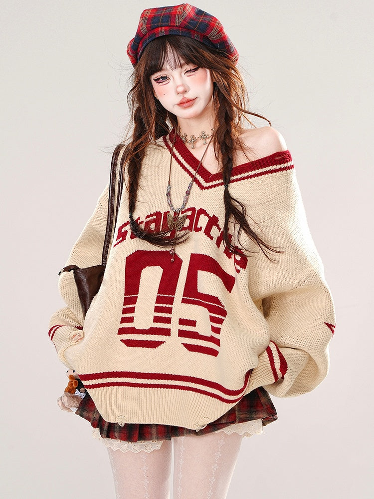 Apricot Numbers Preppy Style V-Ausschnitt Lockerer Pullover