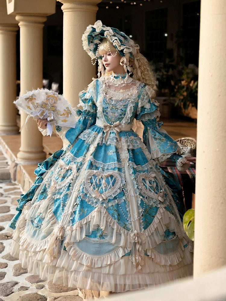with Sleeves Sweetheart and Ruffle Layers Bell Applique Gorgeous Blue Gown Hime Lolita Beaded Lace
