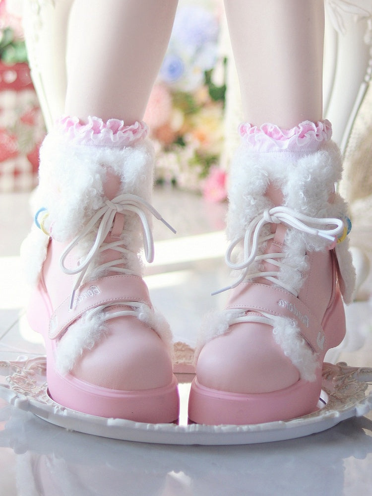 Boots - Bunny Ears Velcro Dual Sweet Lolita Lace Pink Platform Ankle with Plush Design