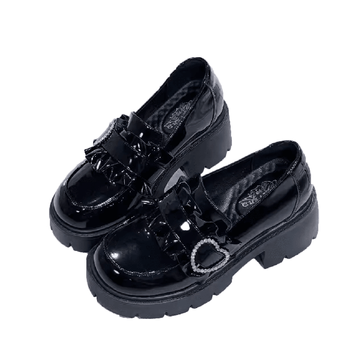 Kei Black Shoes Loafers Sweetheart Platform 6.5cm with Heel Polished Jirai Chunky Beaded