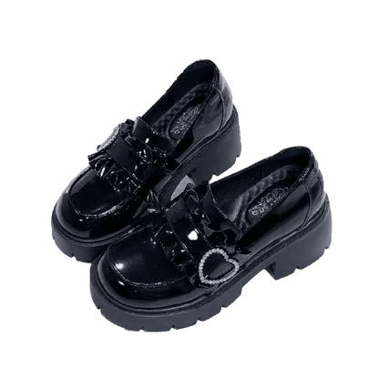 Kei Black Shoes Loafers Sweetheart Platform 6.5cm with Heel Polished Jirai Chunky Beaded