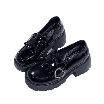 Black Chunky Platform Loafers with Beaded Sweetheart - Sarina