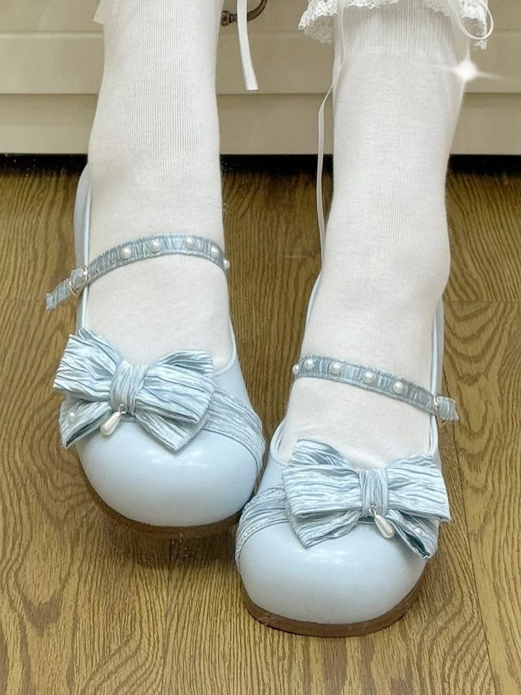 Blaue, mit Perlen verzierte Schuhe mit runder Spitze und Schleife und Herz-Licht-Lolita