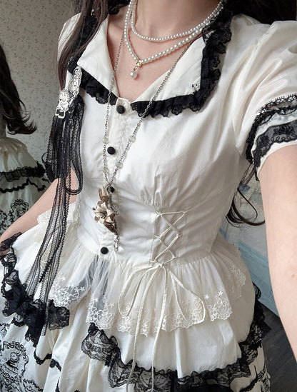 Lolita with Black Sleeves White Trims Elegant Lace Puff Blouse