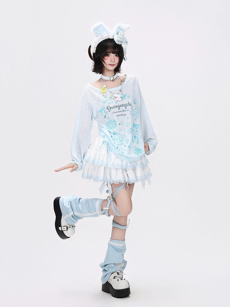 Breathable Sky Blue Cartoon Print Long-Sleeve Tee - CRAZY GIRL