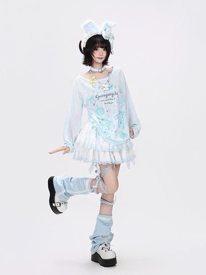 Breathable Sky Blue Cartoon Print Long-Sleeve Tee - CRAZY GIRL