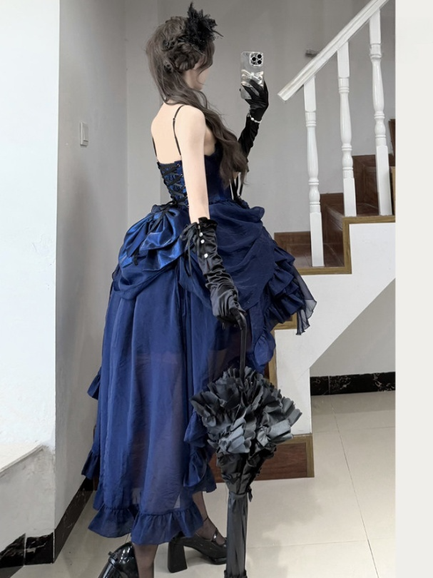 Dress Boned Bouquet Strapless Hem Black Gothic Rose Lolita with Blue