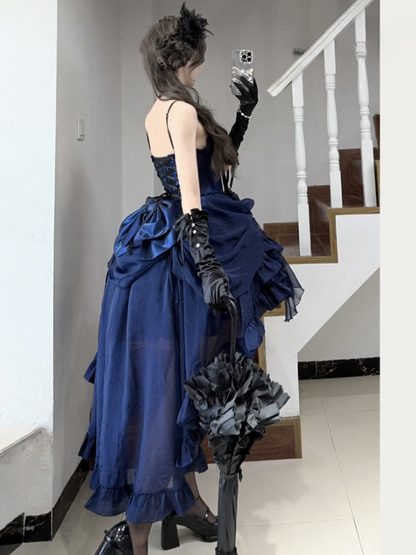 Dress Boned Bouquet Strapless Hem Black Gothic Rose Lolita with Blue