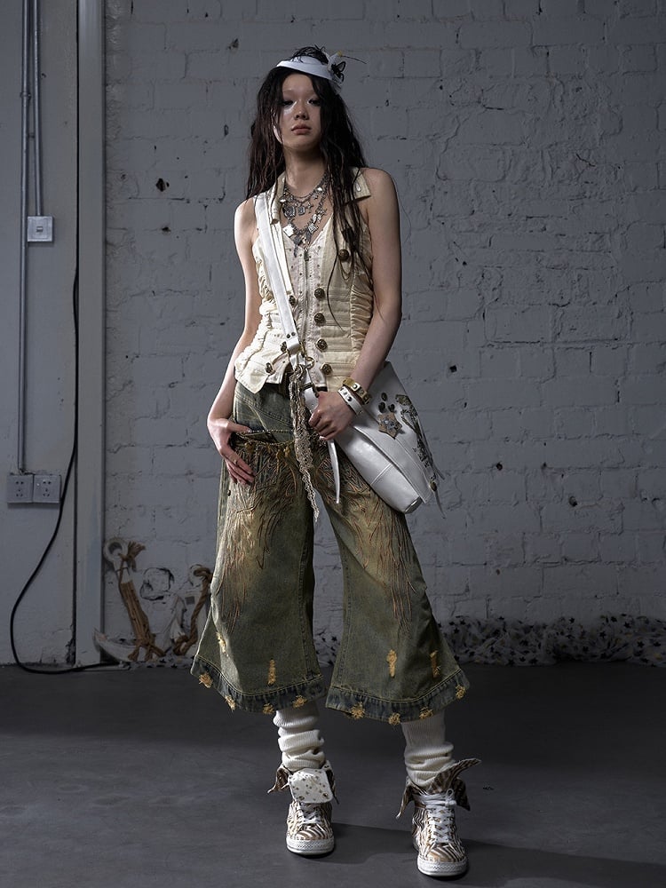 エンジェルブルー/イエロー フェードウォッシュ ディストレストホールズ