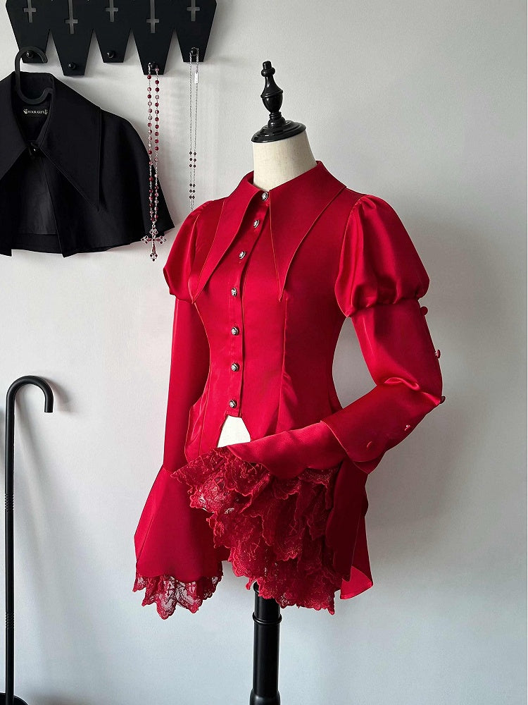 Tail Ouji Foldover Shirt Rot Langarm Spitzkragen Lolita BE004