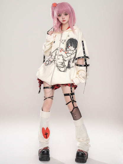 Punk Black/Beige Comic Girl Cutout Sleeves Zip Hoodie