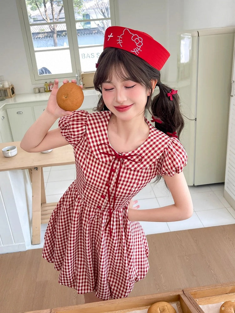 Skirt Plaid Sleeves Bubble Red Peter Pan Collar Puff Dress