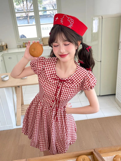 Skirt Plaid Sleeves Bubble Red Peter Pan Collar Puff Dress