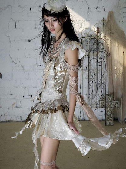 Gold Satin Two-Piece Asymmetrical Dress with Ruffle - NO ROMANCE