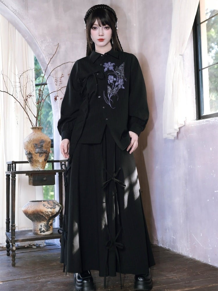 Gothic Long-Sleeve Shirt with Asymmetric Placket & Iris Print in Black Purple - Quirky Hut