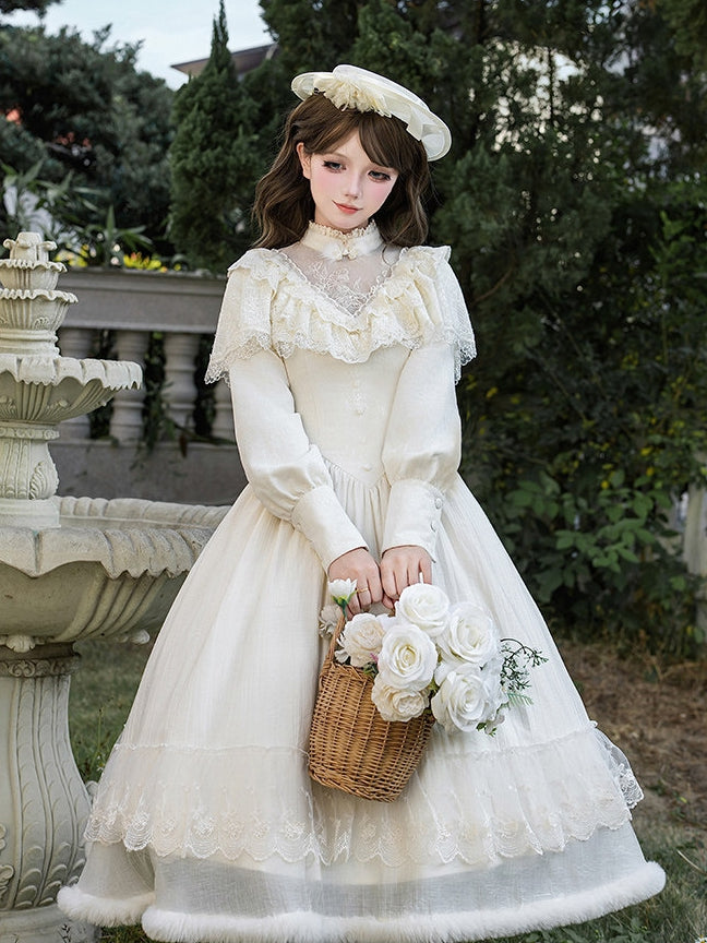 Dress Neck Embroidery Sleeves Edward Long Creamy Lolita Camellia Elegant with