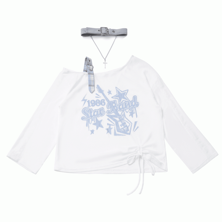 Blue/Black Free with Choker Guitar Print Asymmetrical Neckline Coverup
