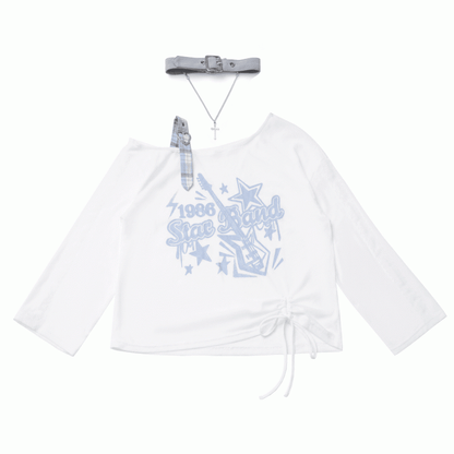 Blau/Schwarz Free mit Choker-Gitarrendruck, asymmetrischer Ausschnitt, Überwurf