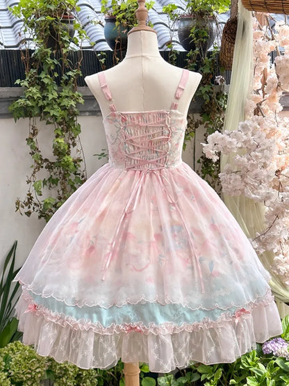 Rosa Lolita-Kleid mit baskischer Taille, Pfirsich- und Pfirsichblüten-Print JSK