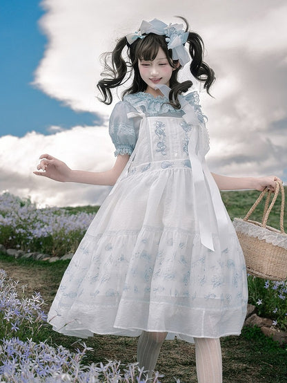 Light Blue Sheer Short-Sleeve Crew Neck Tencel Blouse with Lace - Yimu Walnut