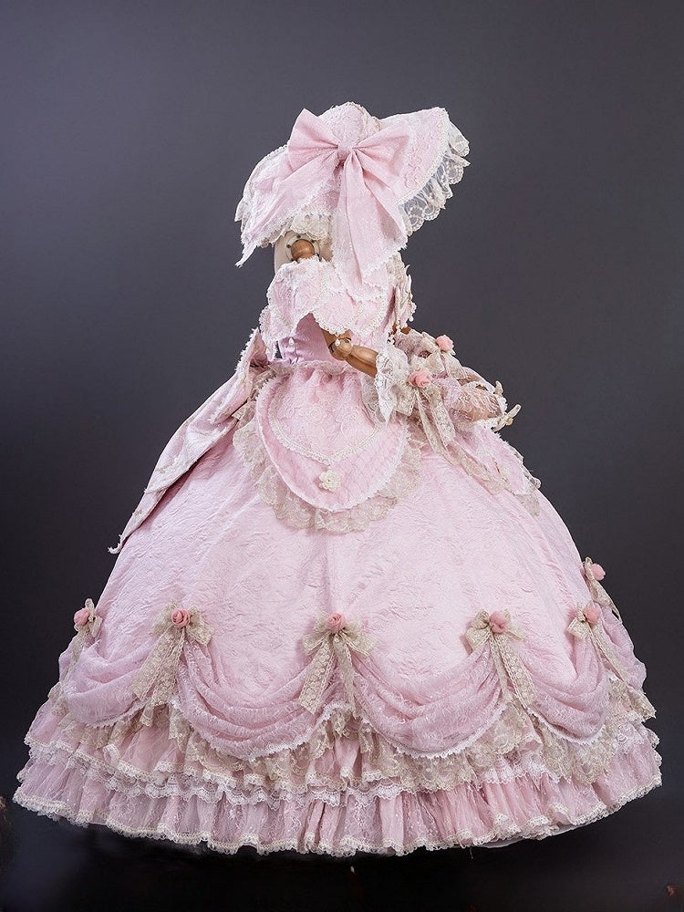 Pink Off-Shoulder Lolita Lace Gown with Ruffles and Bows - Hinana Queena