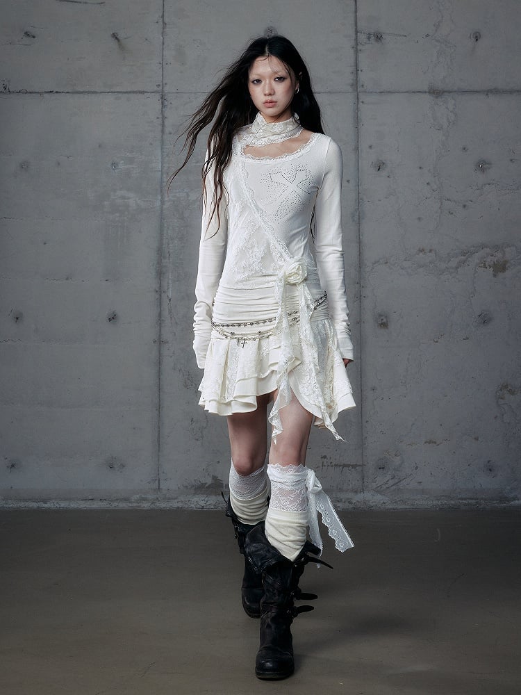 Saum Apricot Off-Shoulder Akzente Floral mit Asymmetrischem Kleid Strass