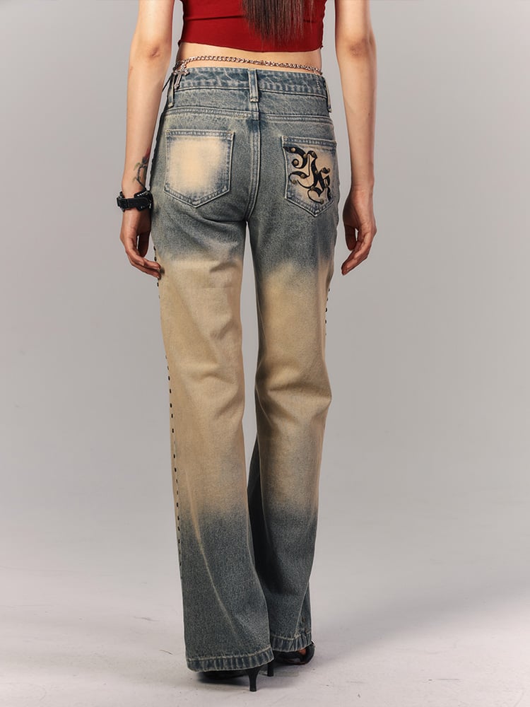 Full Distressed Vintage Pockets Low-Rise Mud Embroidered Jeans Seam with Blue Rivet Punk