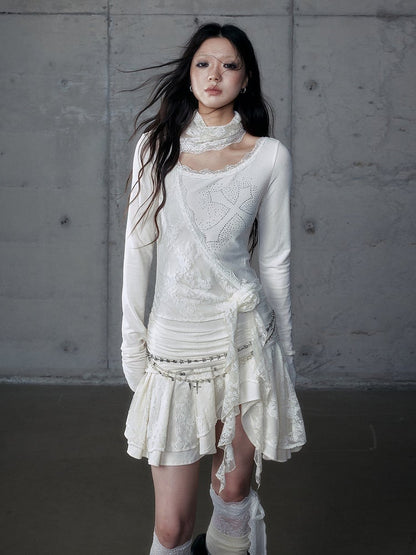 Saum Apricot Off-Shoulder Akzente Floral mit Asymmetrischem Kleid Strass