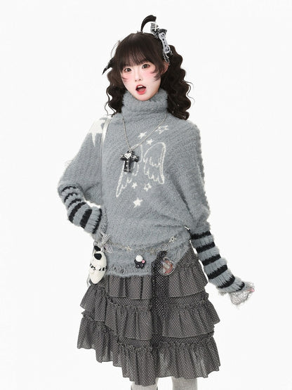 Cool Season Kawaii Gray Asymmetric Faux Mohair Star Wing Sweater - Languid Park