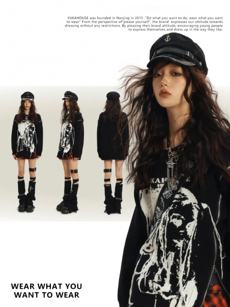 ブラック パンクロック ジップアップ ルーズ ラウンドネック セーター