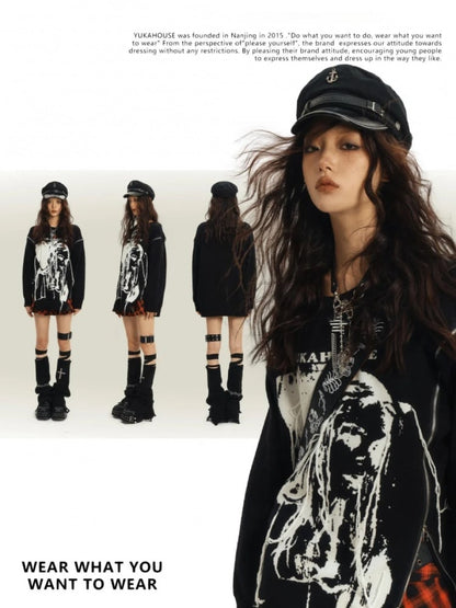 ブラック パンクロック ジップアップ ルーズ ラウンドネック セーター