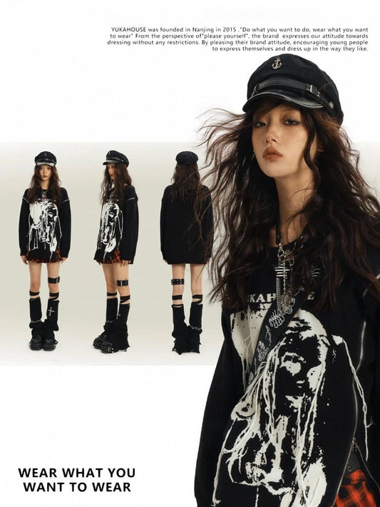 Zips Black Loose Rock Neck Design Punk Round Sweater