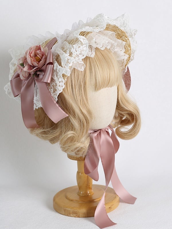 Straw Bowknot Bonnet Lolita Ribbon Colors 7 Lace Country